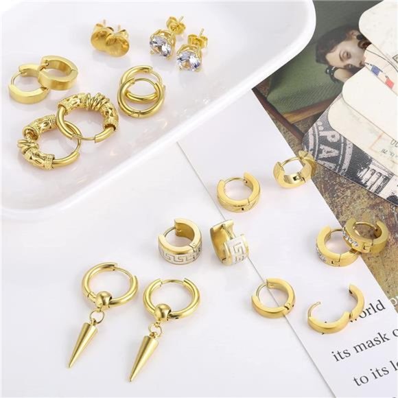 Mens Earrings 11 Pairs Stainless Steel Small Hoop Earrings Cross Dangle Men - Picture 4 of 5